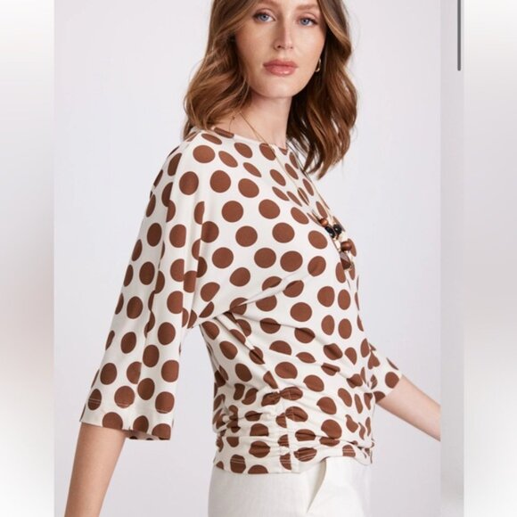 Laura Boat Neck Polka Dot Top Dolman Sleeve Ruched Sides Brown Cream - Picture 2 of 9